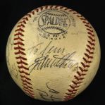 1955-57 Hank Aaron Stan Musial Warren Spahn Eddie Mathews Del Crandall Ken Boyer Braves/Cardinals Signed ONL Giles Game Used Baseball (MEARS LOA/JSA)