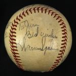 1955-57 Hank Aaron Stan Musial Warren Spahn Eddie Mathews Del Crandall Ken Boyer Braves/Cardinals Signed ONL Giles Game Used Baseball (MEARS LOA/JSA)