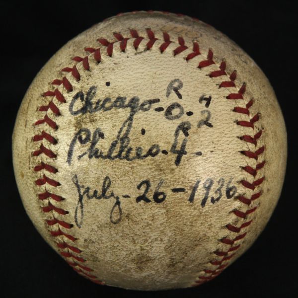1936 (July 26) Philadelphia Phillies Chicago Cubs ONL Frick Baker Bowl Game Used Baseball (MEARS LOA)