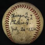 1936 (July 26) Philadelphia Phillies Chicago Cubs ONL Frick Baker Bowl Game Used Baseball (MEARS LOA)
