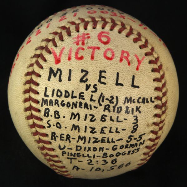 1956 (June 4) Vinegar Bend Mizell St. Louis Cardinals ONL Giles Busch Stadium Game Used Victory Baseball (MEARS LOA)
