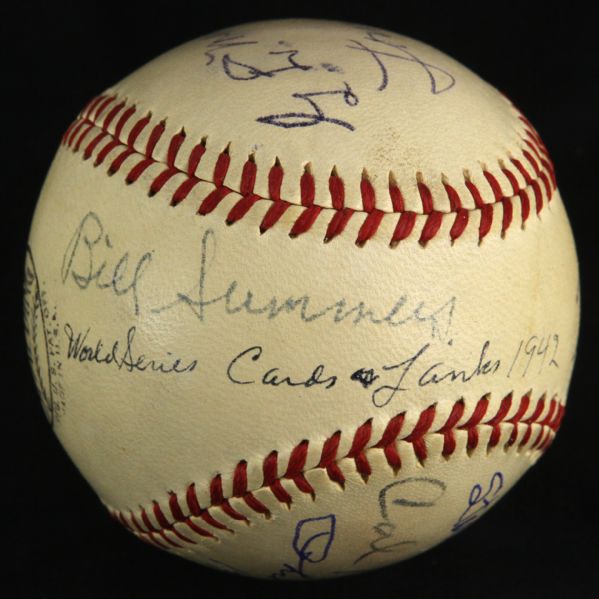 1942 Stan Musial Phil Rizzuto & Umpire Signed ONL Frick Sportsman Park World Series Game Used Baseball (MEARS LOA/JSA)