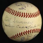 1942 Stan Musial Phil Rizzuto & Umpire Signed ONL Frick Sportsman Park World Series Game Used Baseball (MEARS LOA/JSA)