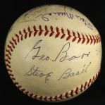 1942 Stan Musial Phil Rizzuto & Umpire Signed ONL Frick Sportsman Park World Series Game Used Baseball (MEARS LOA/JSA)