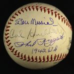 1942 Stan Musial Phil Rizzuto & Umpire Signed ONL Frick Sportsman Park World Series Game Used Baseball (MEARS LOA/JSA)
