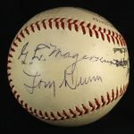 1942 Stan Musial Phil Rizzuto & Umpire Signed ONL Frick Sportsman Park World Series Game Used Baseball (MEARS LOA/JSA)