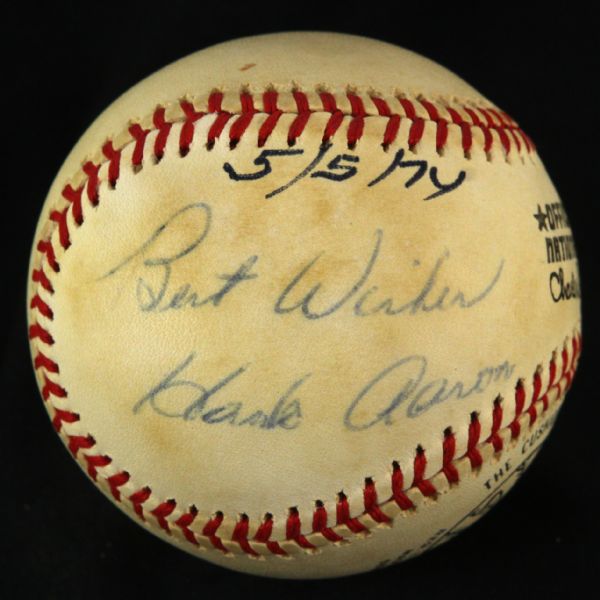 1974 (May 5) Hank Aaron Atlanta Braves Single Signed ONL Feeney Three Rivers Stadium Game Used Baseball (MEARS LOA/JSA)