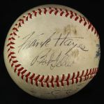 1946 (April 30) Bob Feller Frank Hayes Cleveland Indians Signed OAL Harridge Yankee Stadium Game Used Baseball (MEARS LOA/JSA) Feller No Hitter