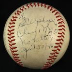 1946 (April 30) Bob Feller Frank Hayes Cleveland Indians Signed OAL Harridge Yankee Stadium Game Used Baseball (MEARS LOA/JSA) Feller No Hitter
