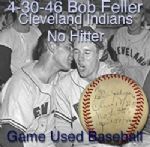1946 (April 30) Bob Feller Frank Hayes Cleveland Indians Signed OAL Harridge Yankee Stadium Game Used Baseball (MEARS LOA/JSA) Feller No Hitter