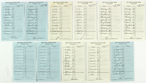 1985 Milwaukee Brewers (5) Baltimore Orioles (6) Original Dugout Lineup Cards