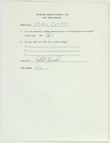 1970s Mike Cuellar Milwaukee Brewers Minor League Drug Questionnaire “Baltimore Orioles 20 Game Winner” d. 2010 (JSA)