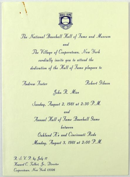 1981 National Baseball Hall of Fame Museum Dedication of the Hall of Fame Plaque 5.5”x8” Invitation Honoring John Mize, Andrew Rube Foster, & Bob Gibson (From the Personal Collection of Bud Selig)