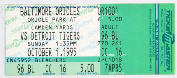1995 (October 1) Sparky Anderson Detroit Tigers Last Game As Manager Ticket Stub