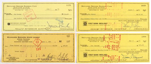 1971-81 Milwaukee Brewers Spring Training Checks Signed by Bob Hansen and Team (4)