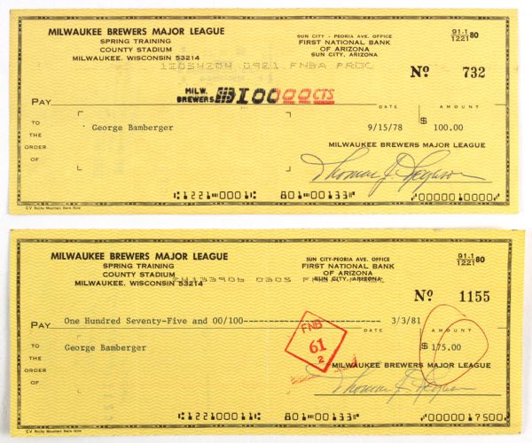 1978-81 Milwaukee Brewers Spring Training Checks Signed by Tommy Ferguson Made Payable to George Bamberger (2)