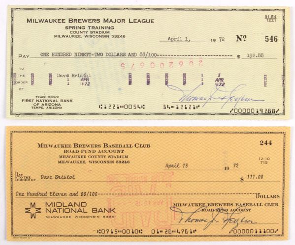 1972 Milwaukee Brewers Spring Training Checks Signed By Tommy Ferguson Made Payable to Dave Bristol (JSA) (2)