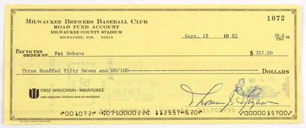 1982 Milwaukee Brewers Road Fund Account World Series Season Check Signed by Tommy Ferguson Made Payable to Pat Dobson (d. 2006)