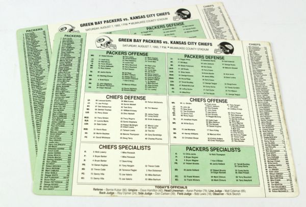 1993 (August 7) Green Bay Packers vs. Kansas City Chiefs Pre Season TV/Radio 10”x12” Spotters Card (2) “Featuring 2nd Year Quarterback Brett Favre”