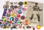 1960-90s Political Pinback Button Collection - Lot of 144 w/ 11" x 17" Muhammad Ali Facsimile Poster 