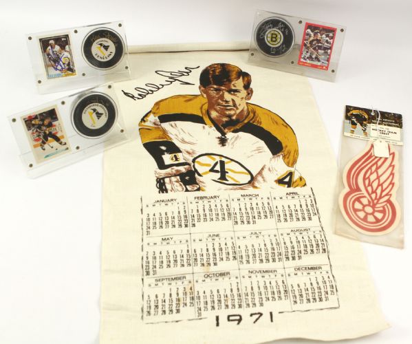 1970s-90s Hockey Memorabilia Collection - Lot of 5 w/ Jaromir Jagr Signed Puck, Bobby Orr Calendar & More