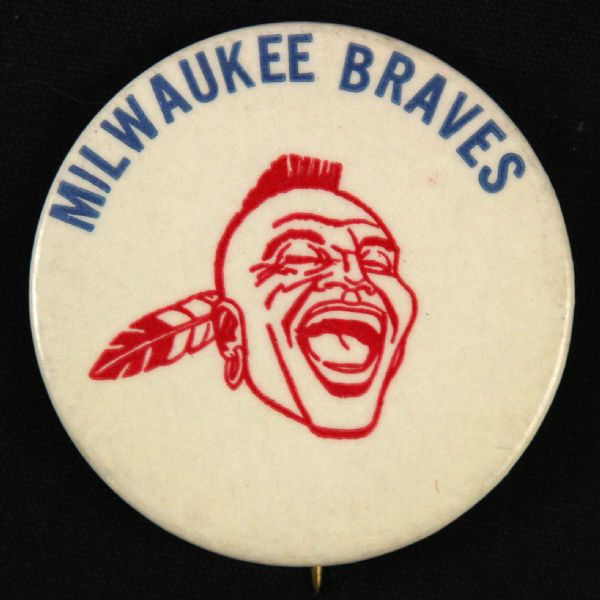 1957-65 Laughing Indian W/ Blue Marquee Lettering Milwaukee Braves 1 ¾” Celluloid Pinback Button (Paul Muchinsky Collection)