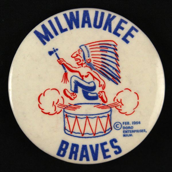 1954 Indian W/ Tomahawk On Drum Doro Enterprises Milwaukee Braves 2 ¼” Celluloid Pinback Button (Paul Muchinsky Collection)