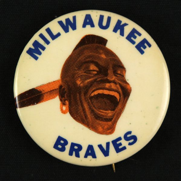 1957-65 Copper Toned “Laughing Brave” Milwaukee Braves  1 ¾” Celluloid Pinback Button (Paul Muchinsky Collection)