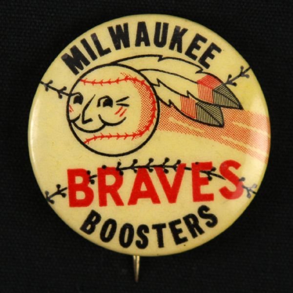 1953-55 circa Smiling Baseball W/ 2 Feathers Milwaukee Braves Boosters 1 ¼” Celluloid Pinback Button (Paul Muchinsky Collection)