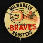 1953-55 circa Smiling Baseball W/ 2 Feathers Milwaukee Braves Boosters 1 ¼” Celluloid Pinback Button (Paul Muchinsky Collection)