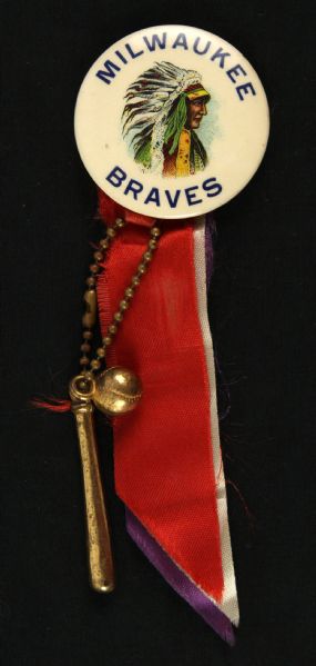 1953 circa “Inaugural Season Full Color Indian Chief W/ Headdress “Milwaukee Braves 2” Celluloid Pinback Button W/ 3 Ribbons & Bat/Ball Gold Charm (Paul Muchinsky Collection)