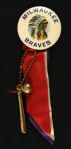 1953 circa “Inaugural Season Full Color Indian Chief W/ Headdress “Milwaukee Braves 2” Celluloid Pinback Button W/ 3 Ribbons & Bat/Ball Gold Charm (Paul Muchinsky Collection)