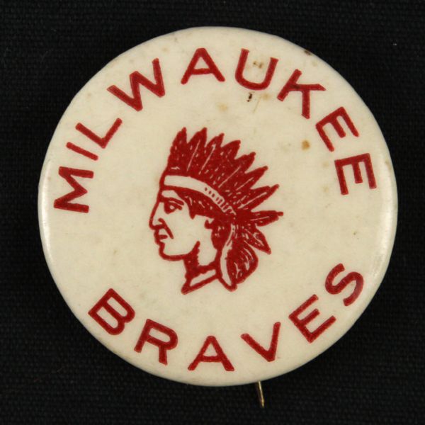 1953 circa “Red Lettered Full Headdress Chief” Milwaukee Braves 1 ½” Celluloid Pinback Button (Paul Muchinsky Collection)