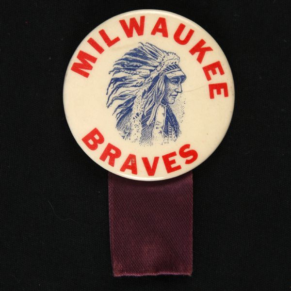 1953 circa “Full Headdress Indian Chief” Milwaukee Braves 1 ¾” Celluloid Pinback Button W Ribbon (Paul Muchinsky Collection)