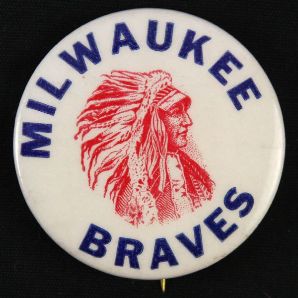1953 circa “Full Headdress Red Indian Chief” Milwaukee Braves 1 7/8” Celluloid Pinback Button (Paul Muchinsky Collection)