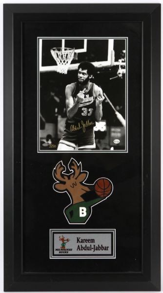 2000s Kareem Abdul Jabbar Milwaukee Bucks Signed 20" x 36" Framed Double Bird Display  