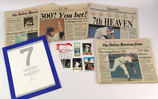 1987-91 Nolan Ryan Houston Astros/Texas Rangers Memorabilia Collection - Lot of 14 w/ No Hitter Ticket Stub, Newspapers & Trading Cards