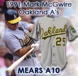 1991 Mark McGwire Oakland Athletics Game Worn Road Jersey (MEARS A10/Team Letter)