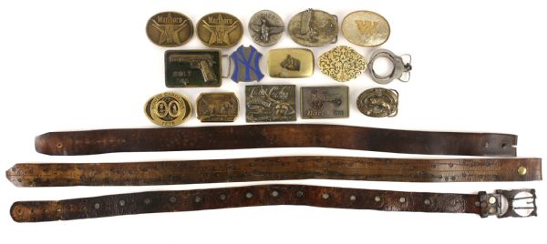 1970s-80s Belt Buckle Collection - Lot of 15 w/ New York Yankees, Colt 45, Marlboro, Remington & More plus 2 Belts 