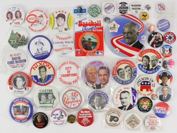 1950s-2000s Political Baseball Basketball Boxing Pinback Button Collection - Lot of 48 w/ Mikhail Gorbachev, I Like Ike, Joe DiMaggio, Larry Bird & More