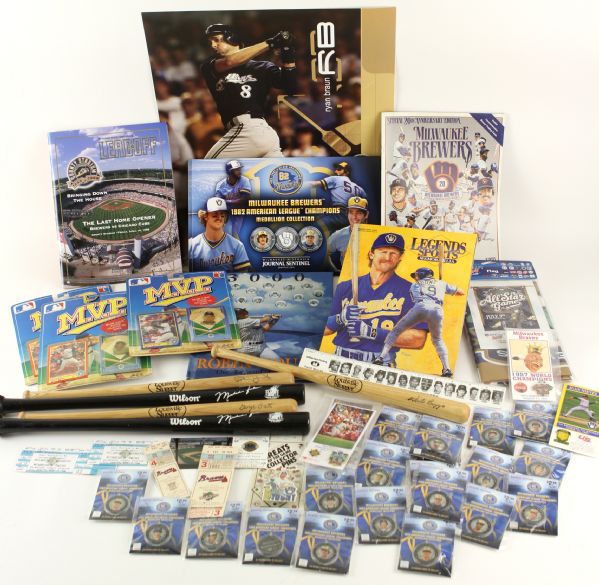 1970s-2000s Milwaukee Brewers Memorabilia Collection - Lot of 59 w/ Mini Bats, Tickets, Pins, Publications Medallions & More