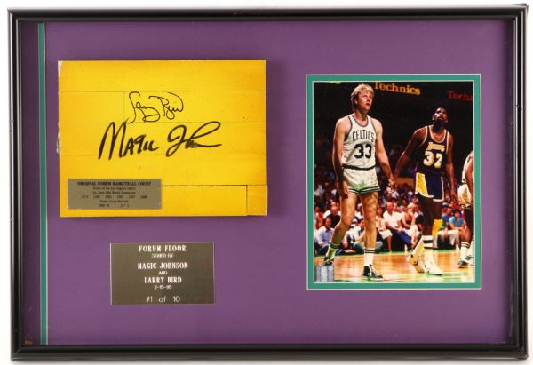 1995 Magic Johnson Larry Bird Lakers/Celtics Signed Forum Floor Section 17" x 25" Framed Display (MEARS LOA/*JSA*) 1/10