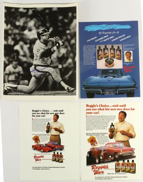 1982-86 Reggie Jackson California Angels Signed 11" x 14" Photo & (3) Reggie Wax Advertisements - Lot of 4 (JSA)