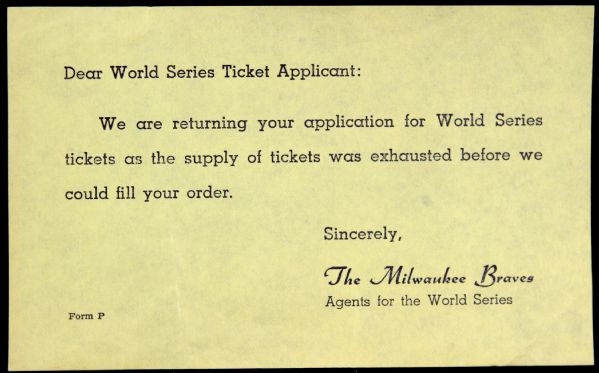 1957-58 Milwaukee Braves World Series Ticket Applicant Note