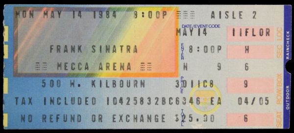 1984 Frank Sinatra Mecca Arena Concert Ticket Stub