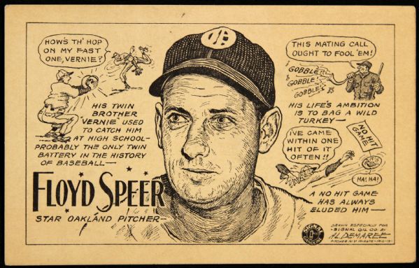1946-48 Floyd Speer Oakland Oaks PCL 3.5" x 5.5" Illustrated Player Card