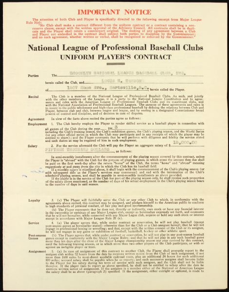 1943 Branch Rickey Brooklyn Dodgers Signed National League Player Contract (JSA)
