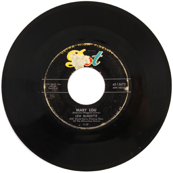 1957 Lew Burdette Milwaukee Braves Three Strikes and Youre Out b/w Mary Lou 45 RPM Single