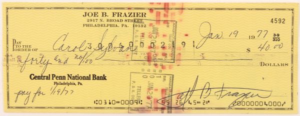 1977 Joe Frazier World Heavyweight Champion Signed Check (MEARS LOA)