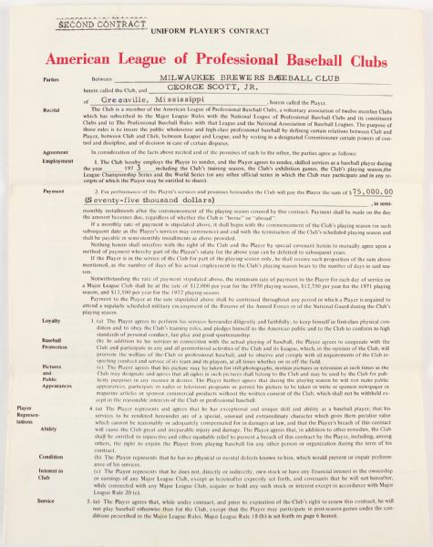 1973 George Scott Milwaukee Brewers Signed Players Contract (JSA)
